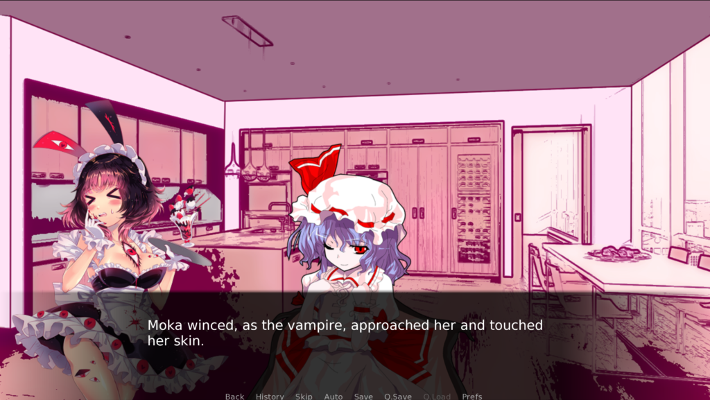 Visual Novel text: Moka winced as the vampire approached her and touched her skin