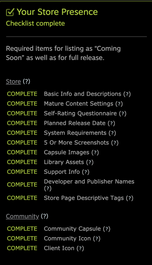 Steam store checklist